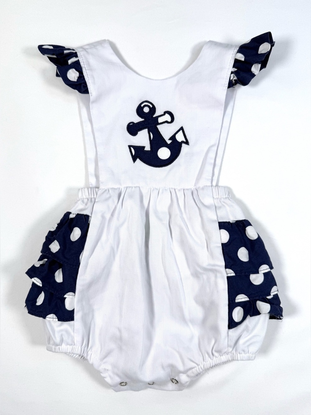 BE MINE Nautical Anchor Bubble Romper 9M Navy Polka Dot Sailor Outfit Coastal